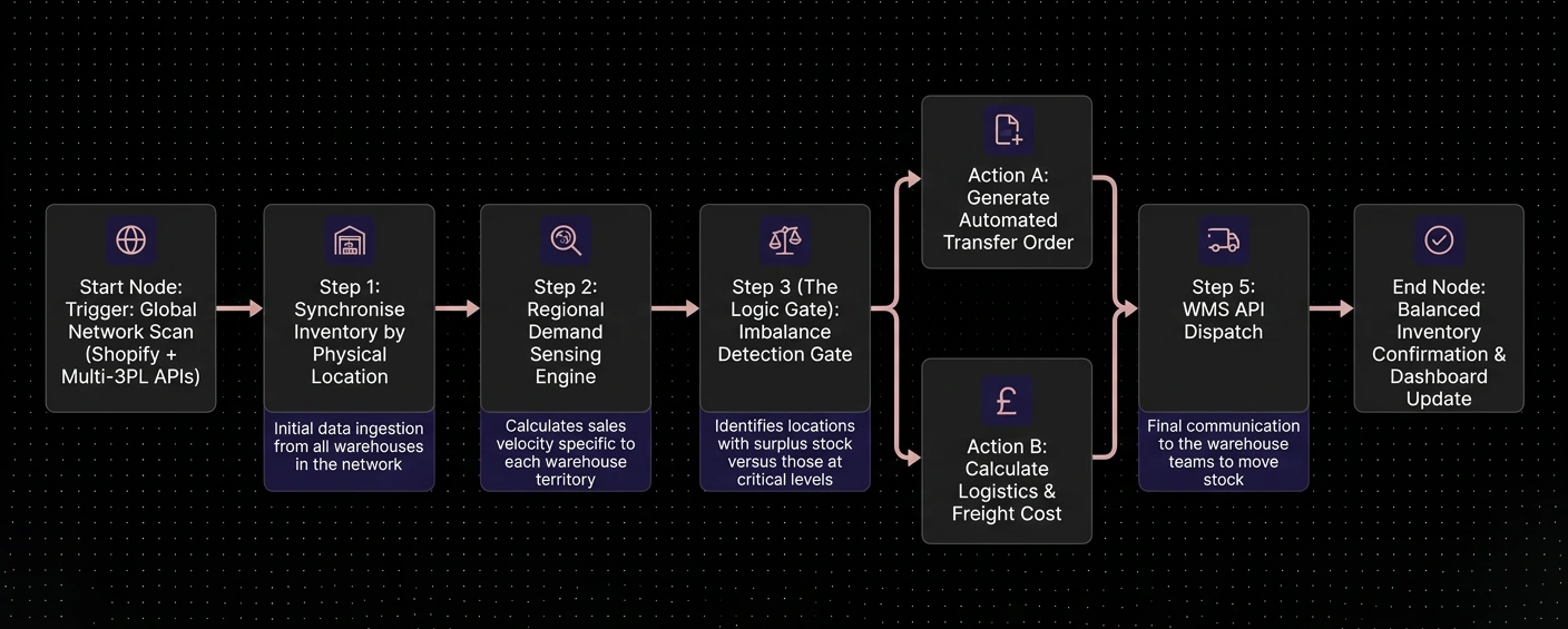 The Multi-Warehouse Balancer workflow, from global location sync through regional demand sensing and the imbalance gate to automated 3PL dispatch.