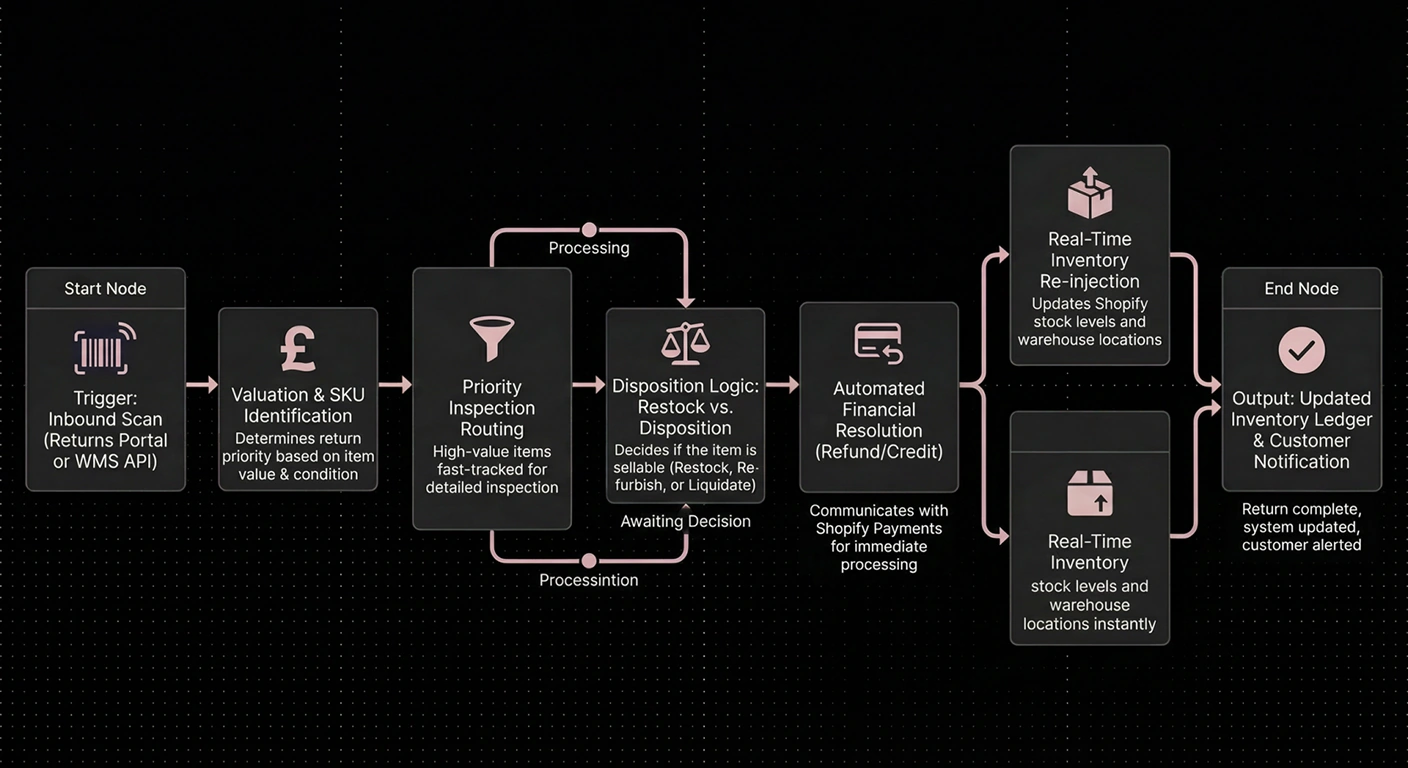 The Return Processing Automation workflow, from inbound scan through priority routing and disposition rules to restock and financial resolution.